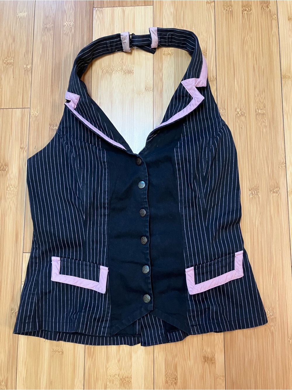 Tripp NYC Black Pinstripe Halter Vest with Pink Trim